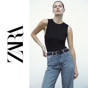 ZARA Black Ribbed Cotton Bodysuit - Medium NWT